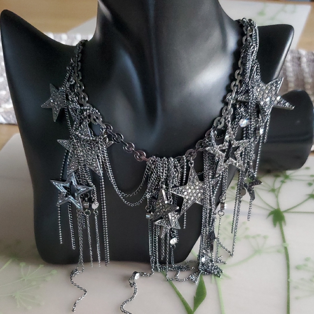 NWT Black Chrome Stars & Chains Necklace By INC - Vintage Y2k